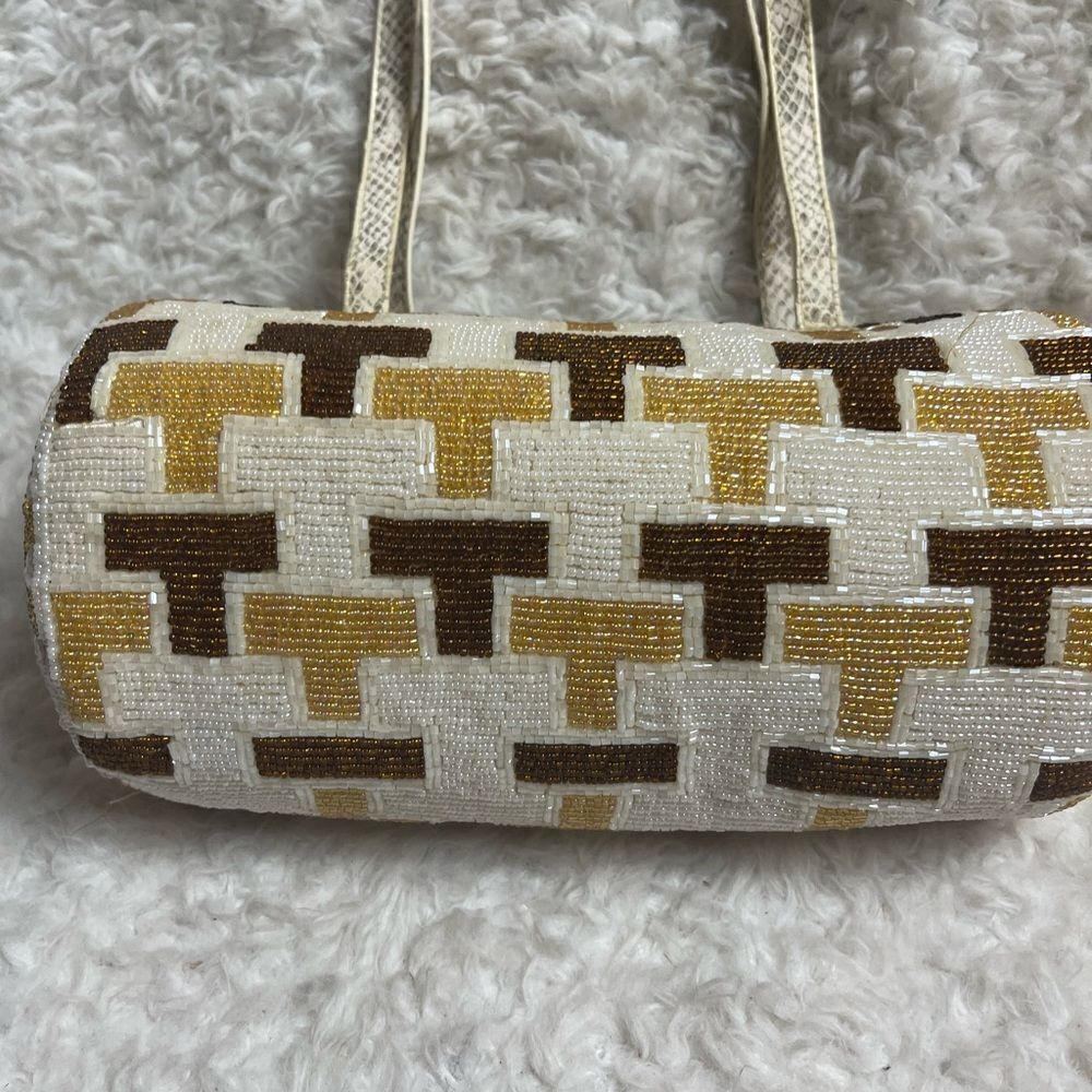 Eswanny beaded Brown,gold &beige satchel faux leather reptile print straps - Picture 7 of 16